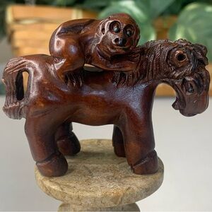 Vintage Hand Carved Netsuke Horse Monkey Boxwood Animal Figurine Wood Carving